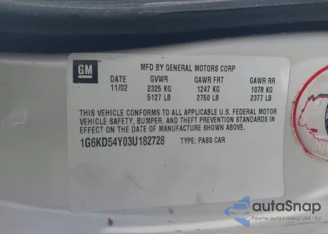 2003 Cadillac Deville Standard z USA, uszkodzony, nr VIN 1G6KD54Y03U182728